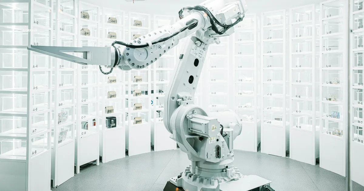 White robotic arm reaching into labelled shelving in an automated storage facility