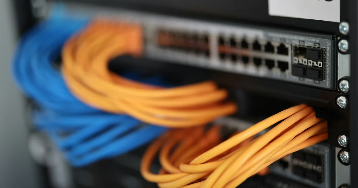 Orange and blue patch cables plugged into a rack-mounted network switch