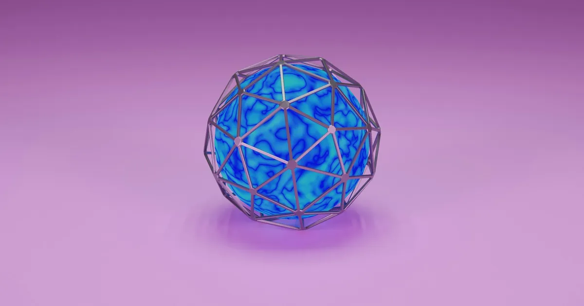 Wireframe geodesic cage enclosing a glowing blue textured sphere